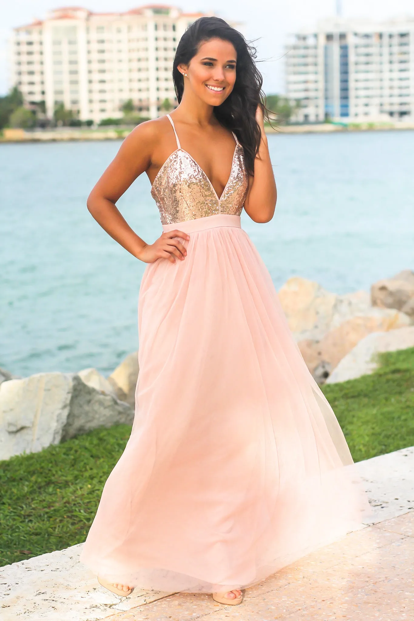 Rose Gold Tulle Maxi Dress