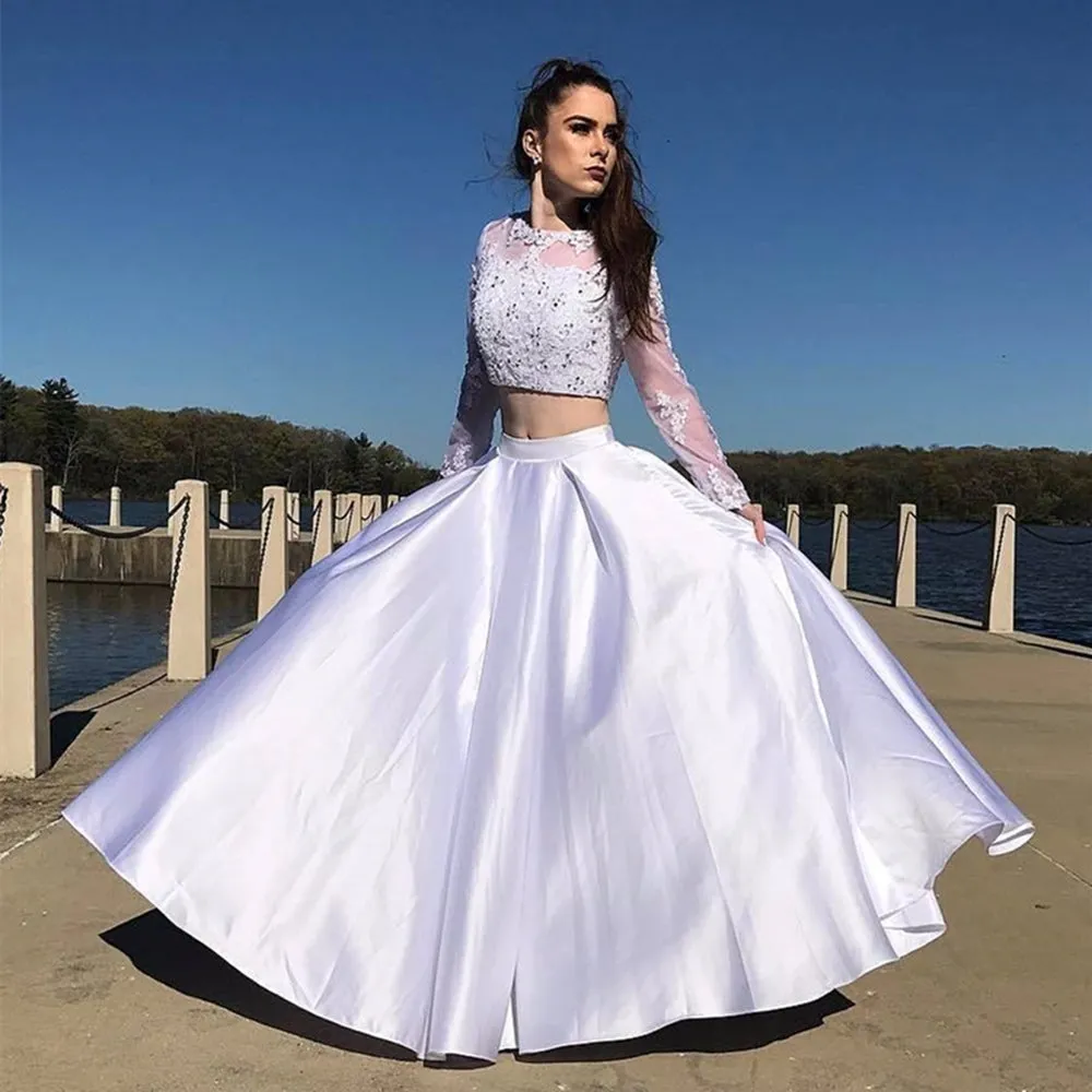 Round Neck Long Sleeves Two Pieces Lace White Prom, Long Sleeves White Lace Formal, Two Pieces White Lace Evening