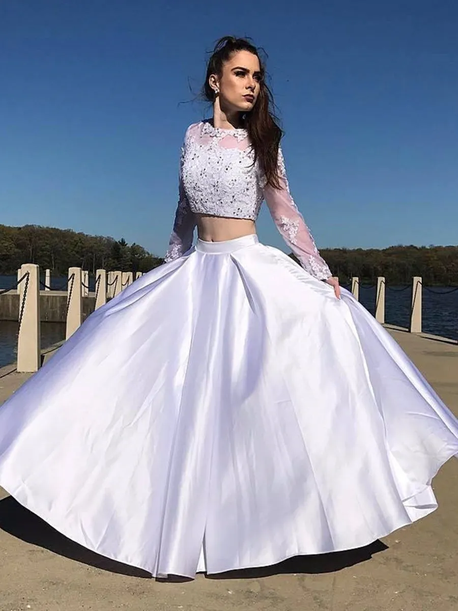 Round Neck Long Sleeves Two Pieces Lace White Prom, Long Sleeves White Lace Formal, Two Pieces White Lace Evening