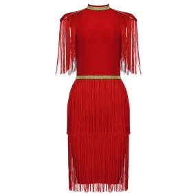 Roxy Red And Gold Bandage Dress With Tassels