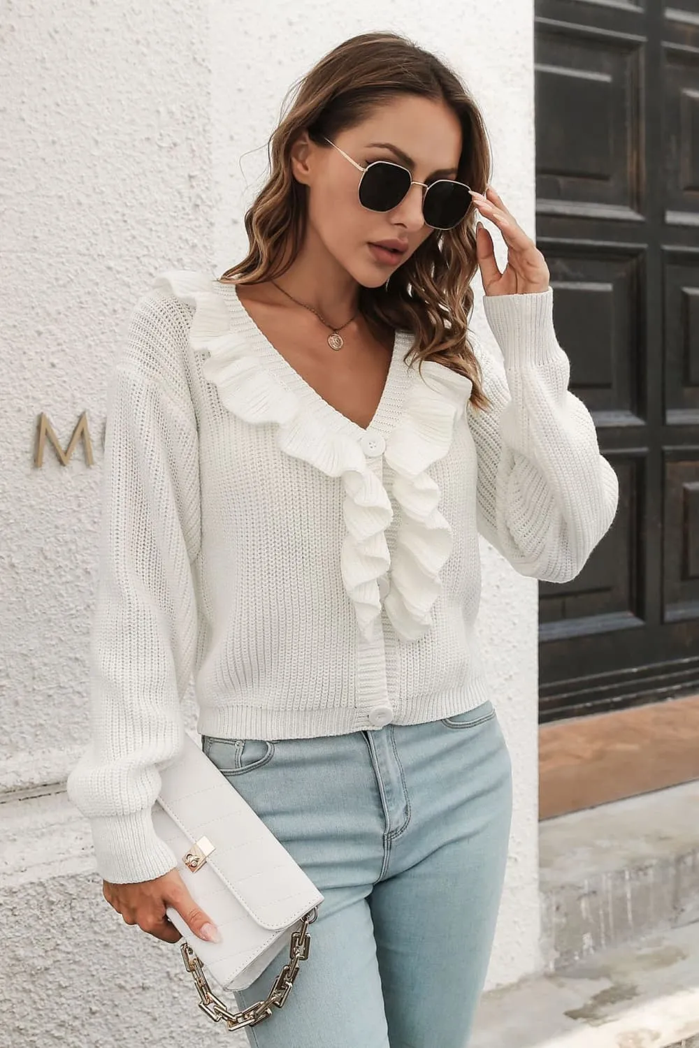 Ruffle Trim Button-Down Dropped Shoulder Sweater