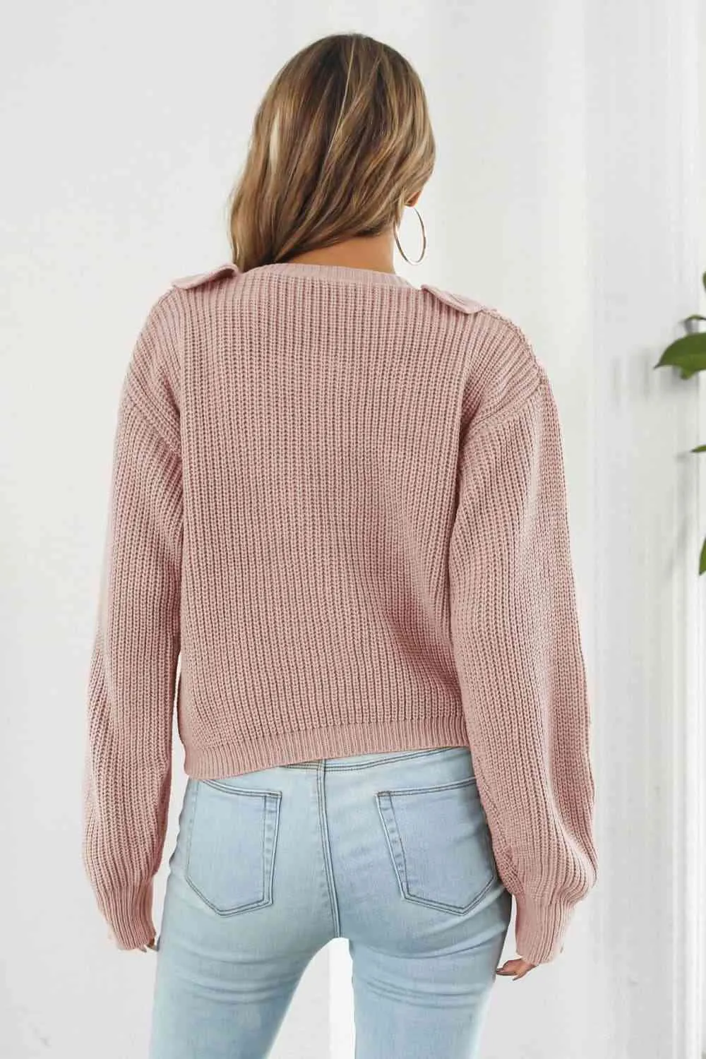 Ruffle Trim Button-Down Dropped Shoulder Sweater