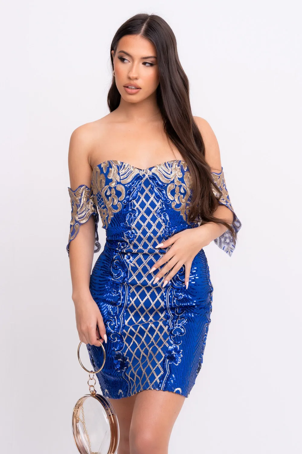 Rumour Vip Blue Gold Sweetheart Bardot Sequin Mini Bodycon Dress