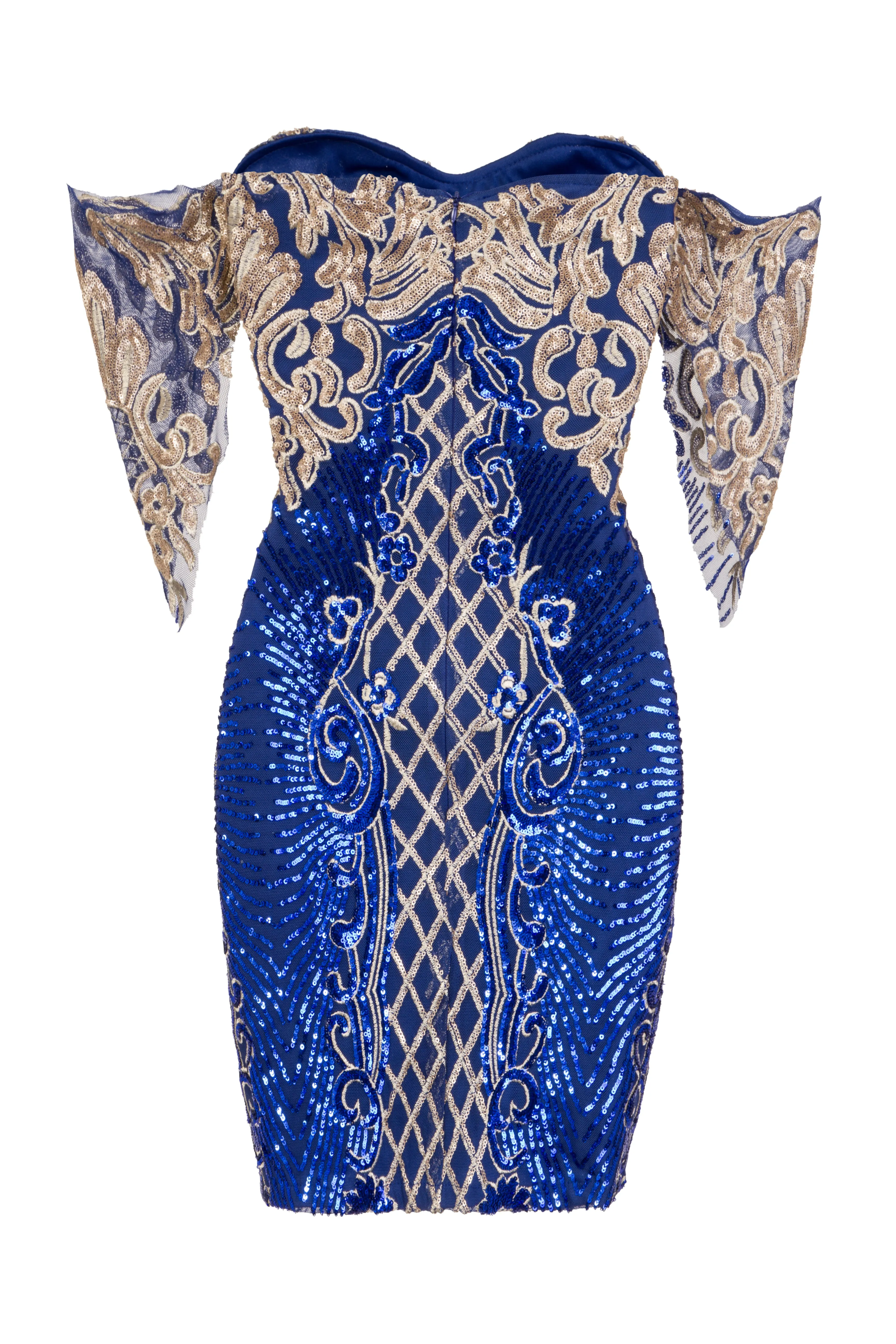 Rumour Vip Blue Gold Sweetheart Bardot Sequin Mini Bodycon Dress