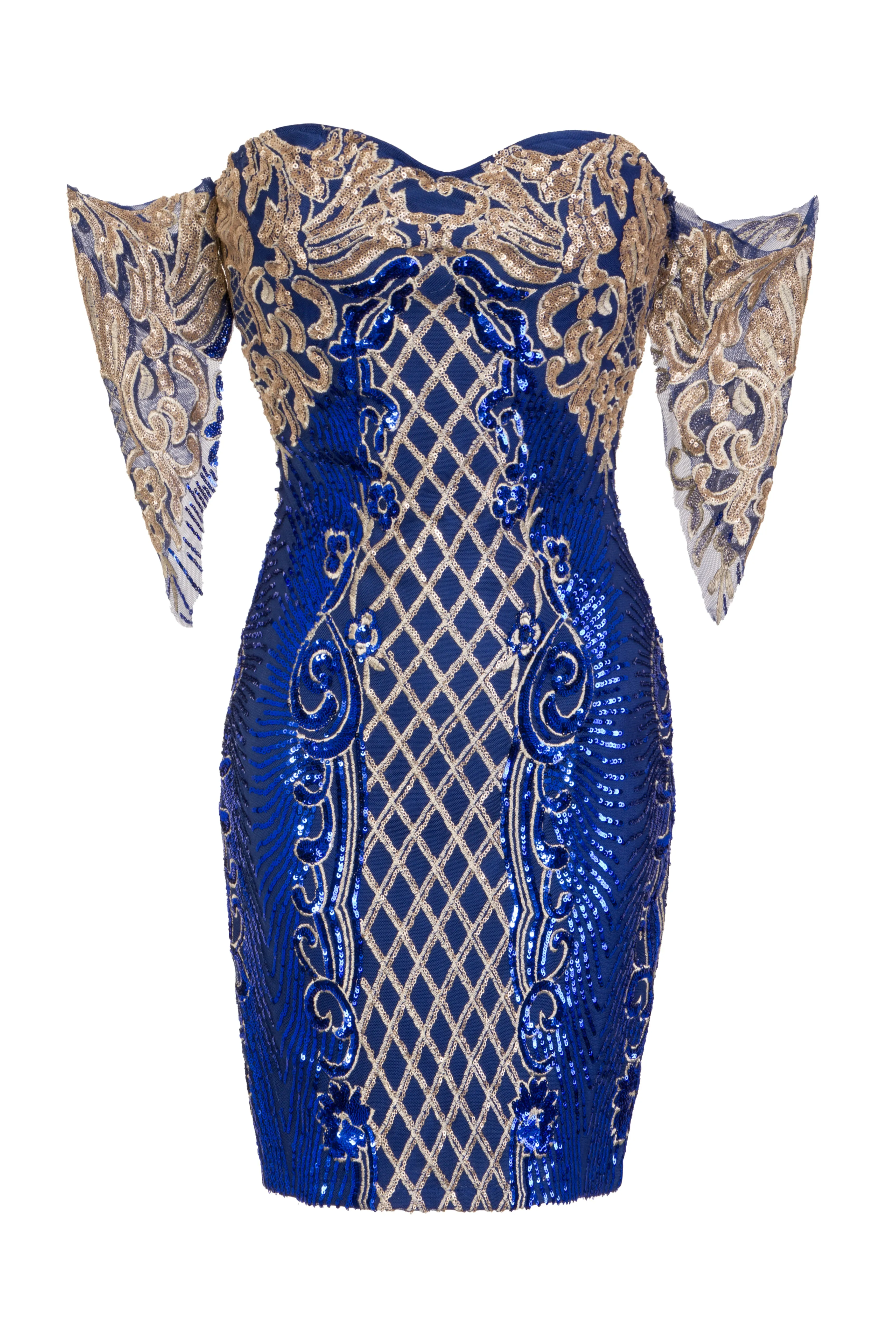 Rumour Vip Blue Gold Sweetheart Bardot Sequin Mini Bodycon Dress