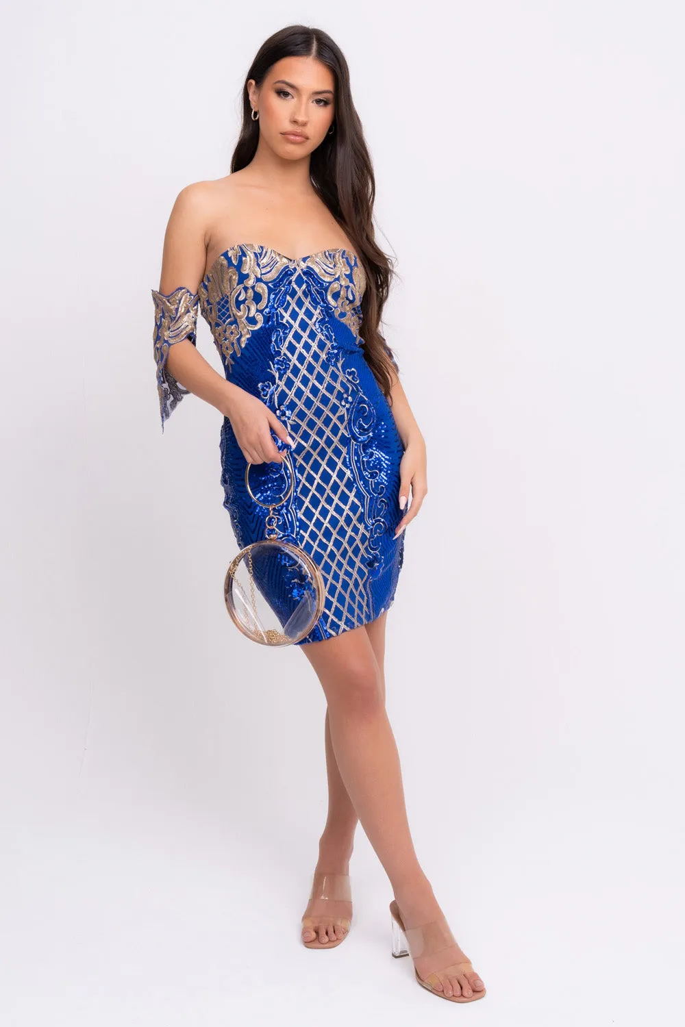 Rumour Vip Blue Gold Sweetheart Bardot Sequin Mini Bodycon Dress