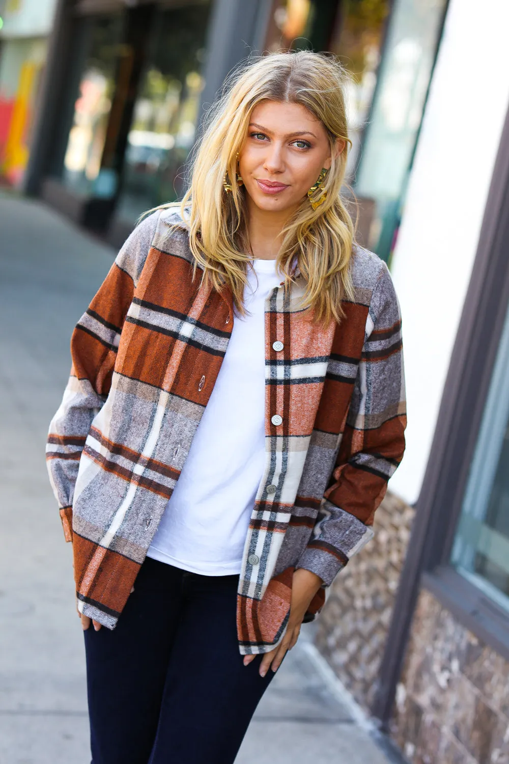 Rust & Black Flannel Plaid Button Down Shacket