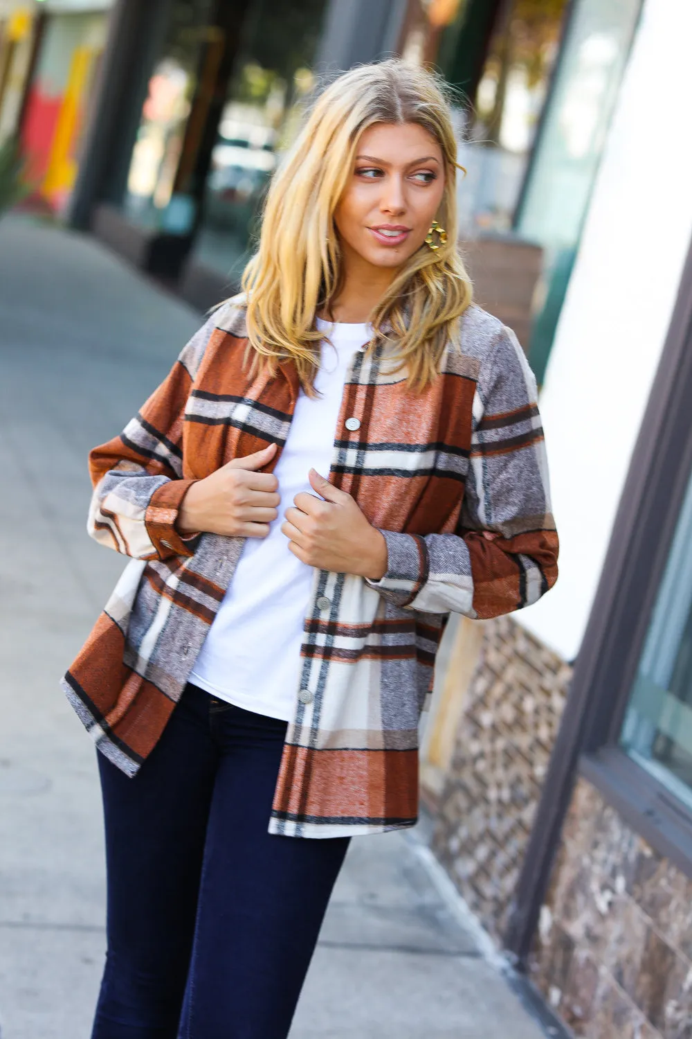 Rust & Black Flannel Plaid Button Down Shacket