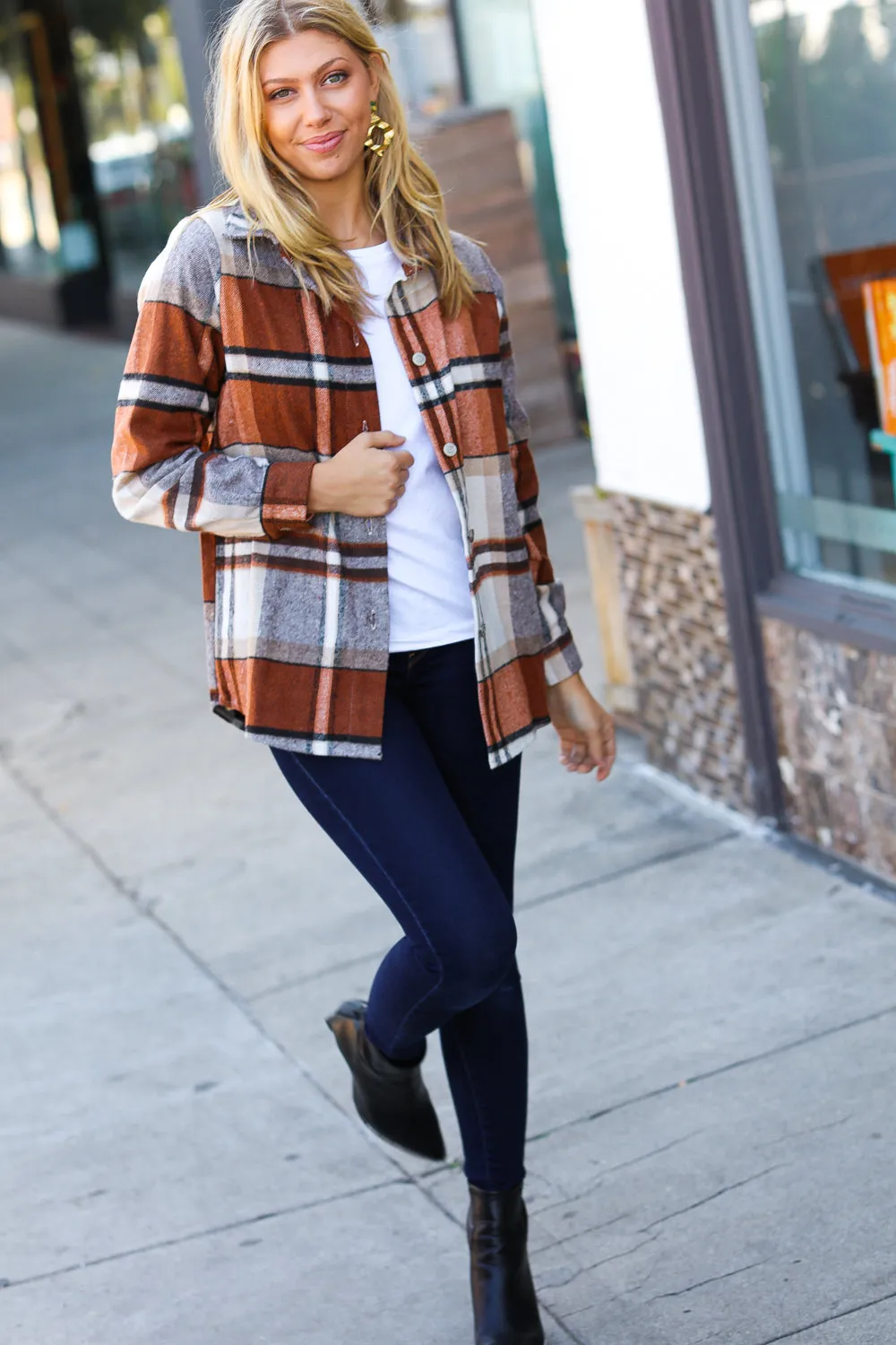 Rust & Black Flannel Plaid Button Down Shacket