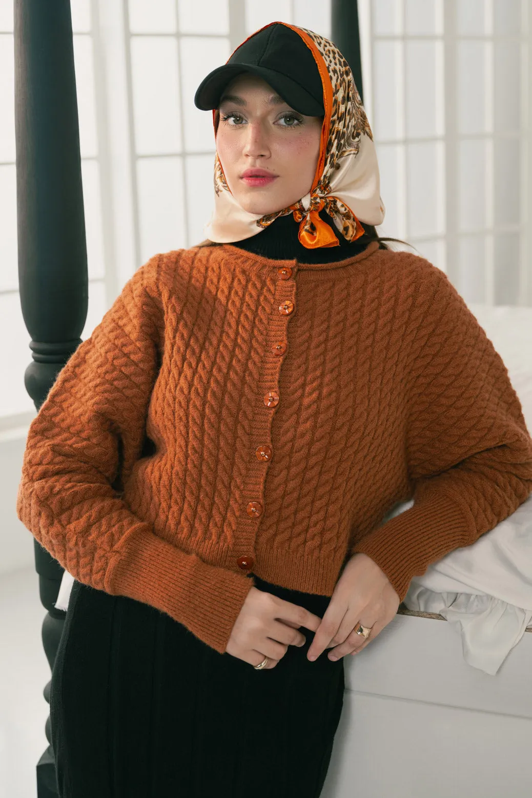 RUST-ROUND NECK CROP BOXY FULL SLEEVES CARDIGAN SWEATER (24X-004-66)