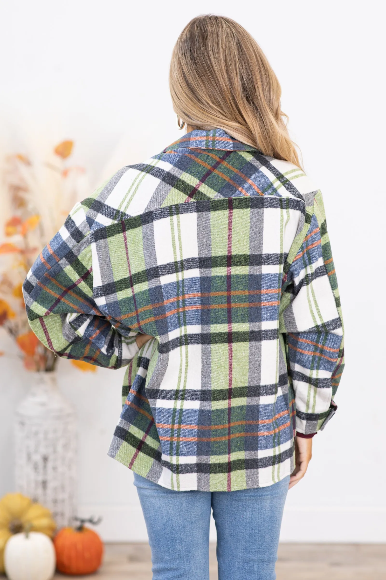 Sage and Orange Plaid Drop Shoulder Shacket