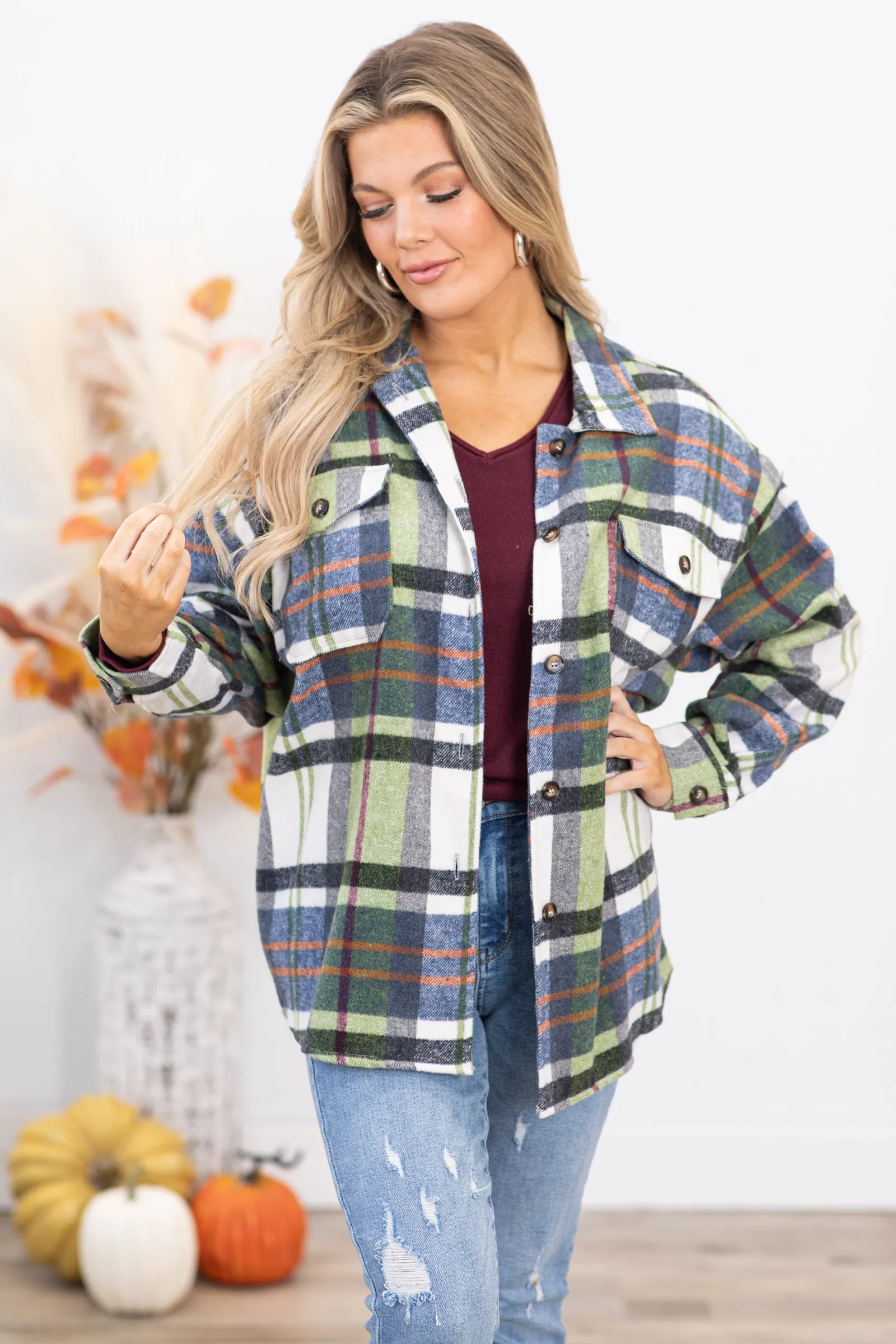 Sage and Orange Plaid Drop Shoulder Shacket