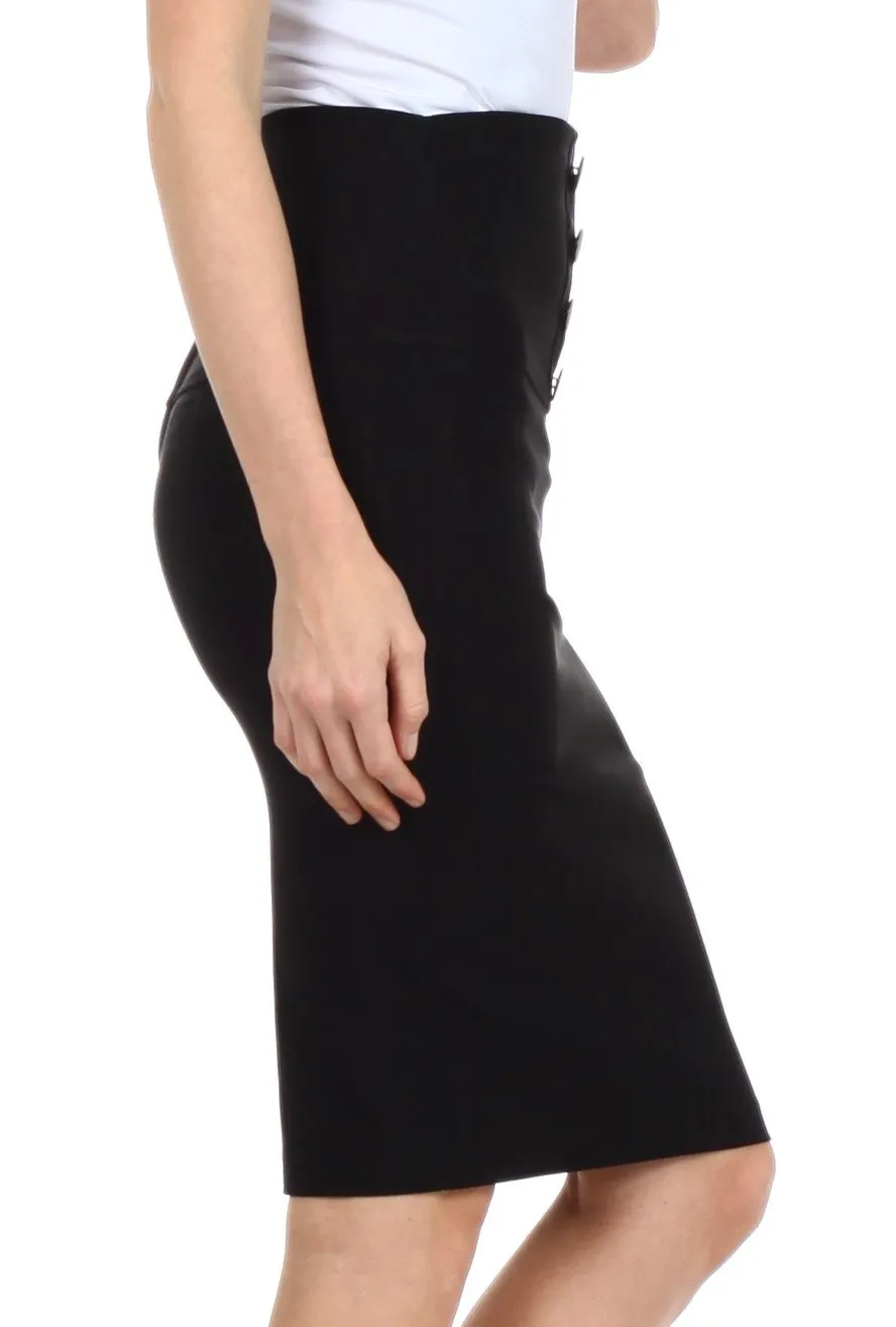 Sakkas Petite High Waist Stretch Pencil Skirt with Four Button Detail