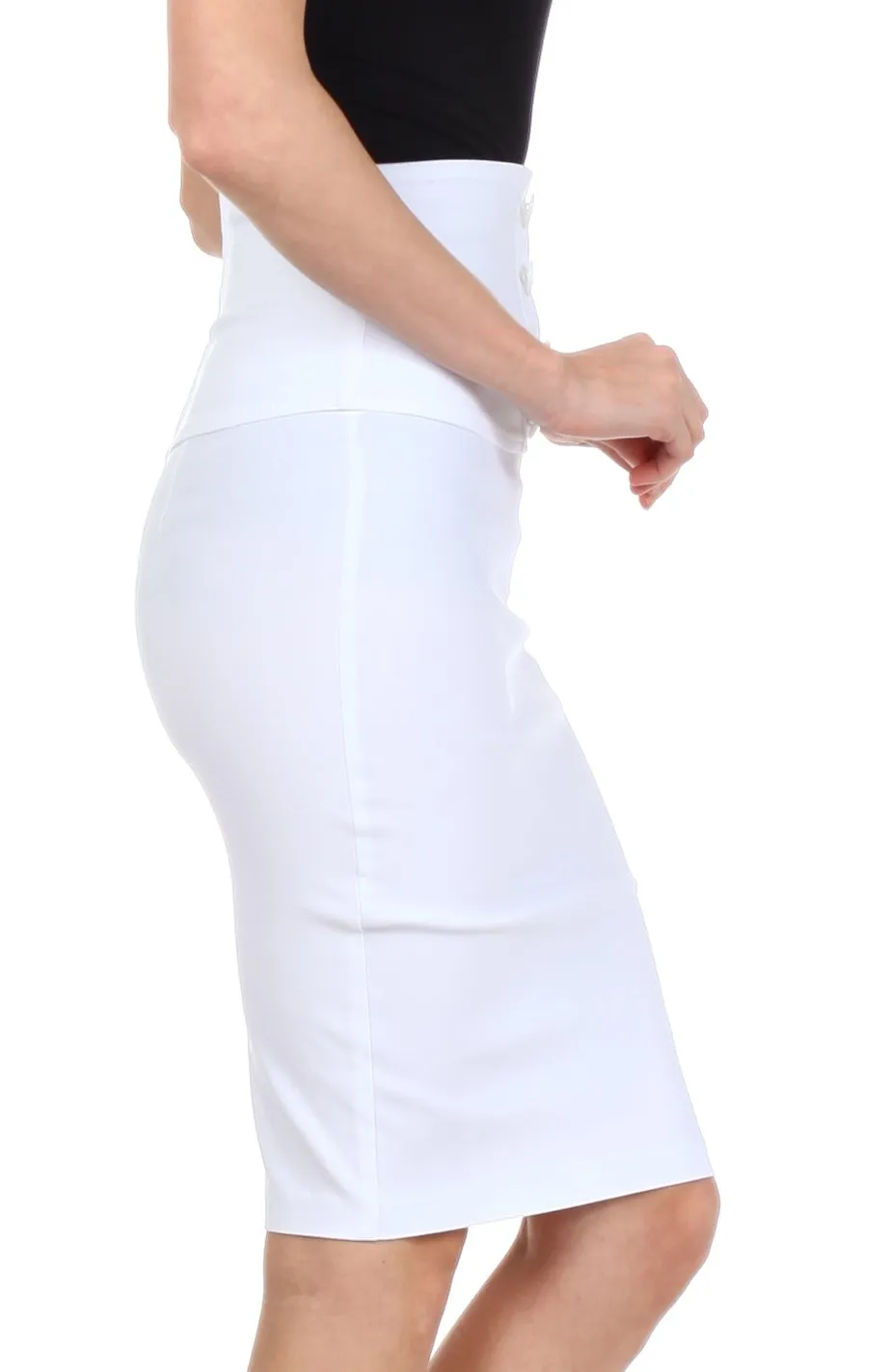 Sakkas Petite High Waist Stretch Pencil Skirt with Four Button Detail