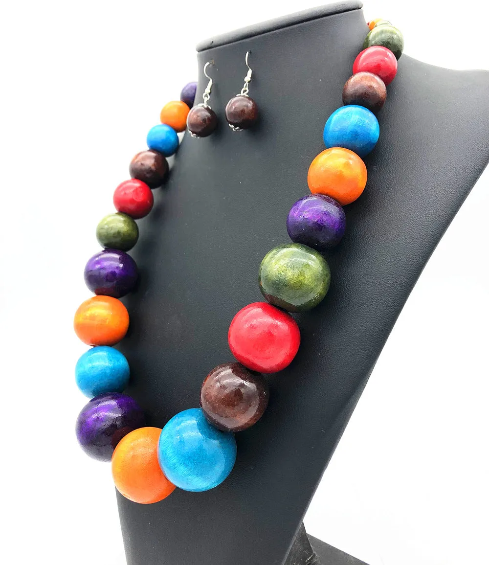 Savanna Rhythms Ethnic Wooden Bead Necklace and Colorful Sweater Chain Set