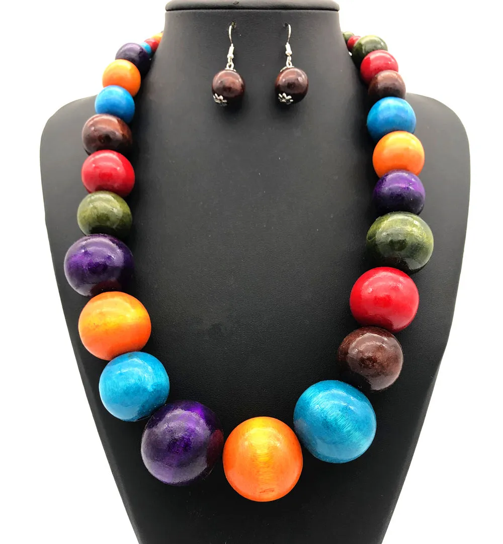 Savanna Rhythms Ethnic Wooden Bead Necklace and Colorful Sweater Chain Set