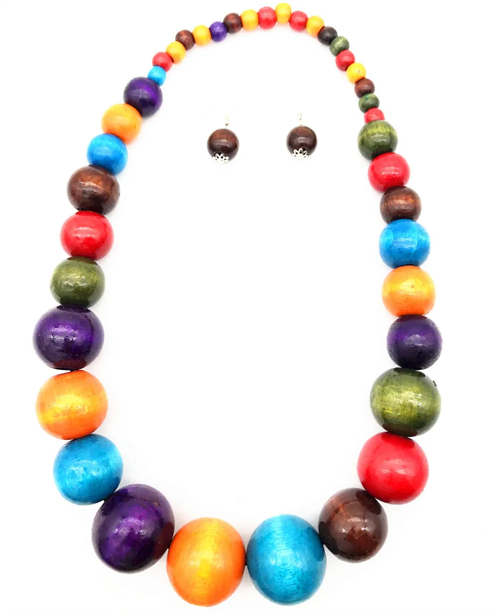 Savanna Rhythms Ethnic Wooden Bead Necklace and Colorful Sweater Chain Set