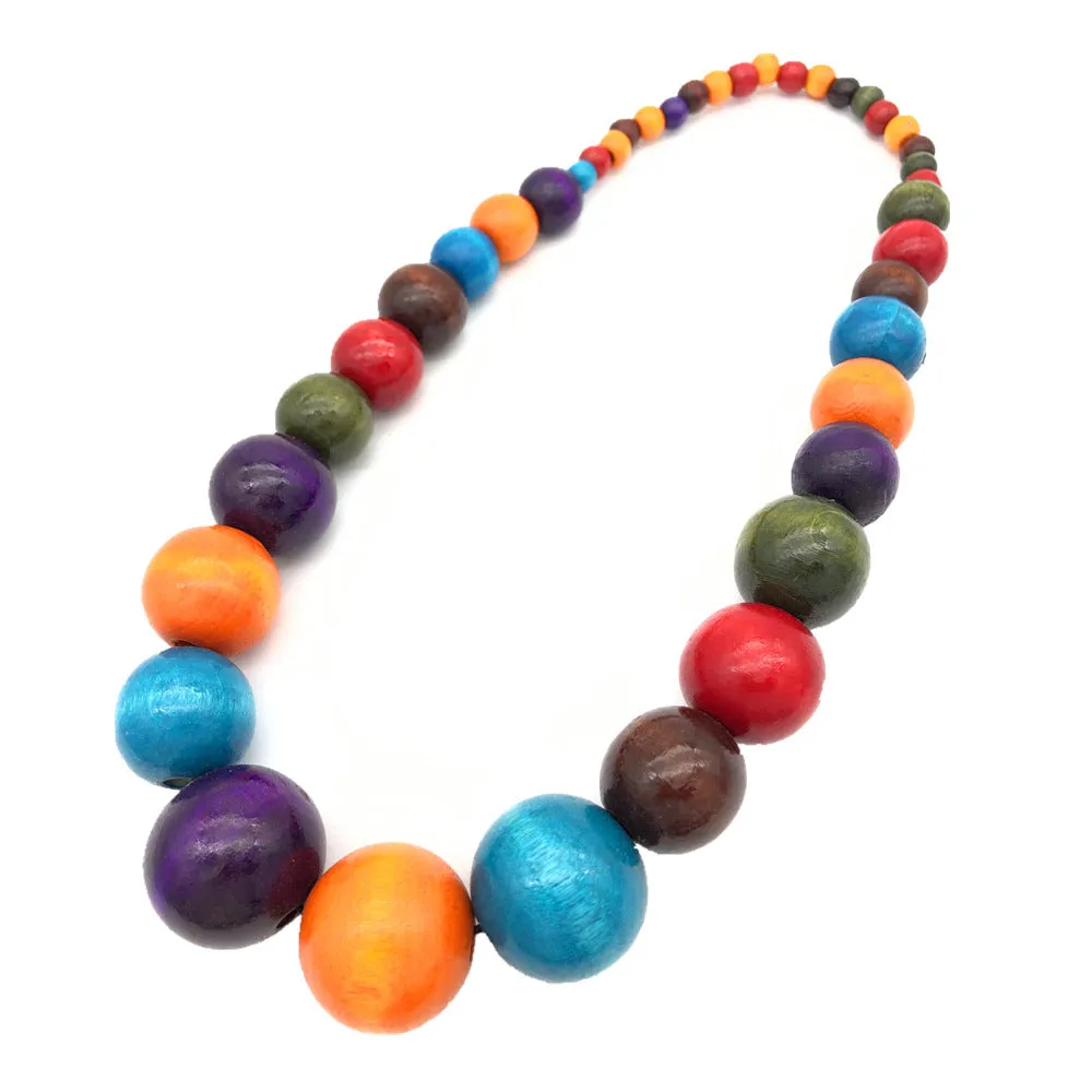 Savanna Rhythms Ethnic Wooden Bead Necklace and Colorful Sweater Chain Set