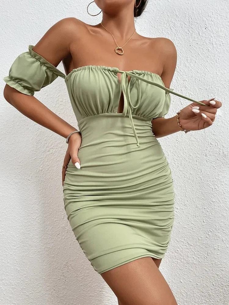 Sexy Off Shoulder Bodycon Dress Women Strapless Ruffles Mini Dresses Neck Strap Short Party Club Outfit Vestidos