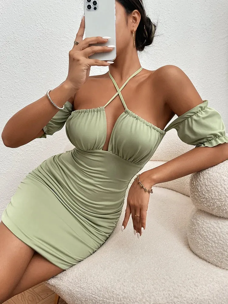 Sexy Off Shoulder Bodycon Dress Women Strapless Ruffles Mini Dresses Neck Strap Short Party Club Outfit Vestidos