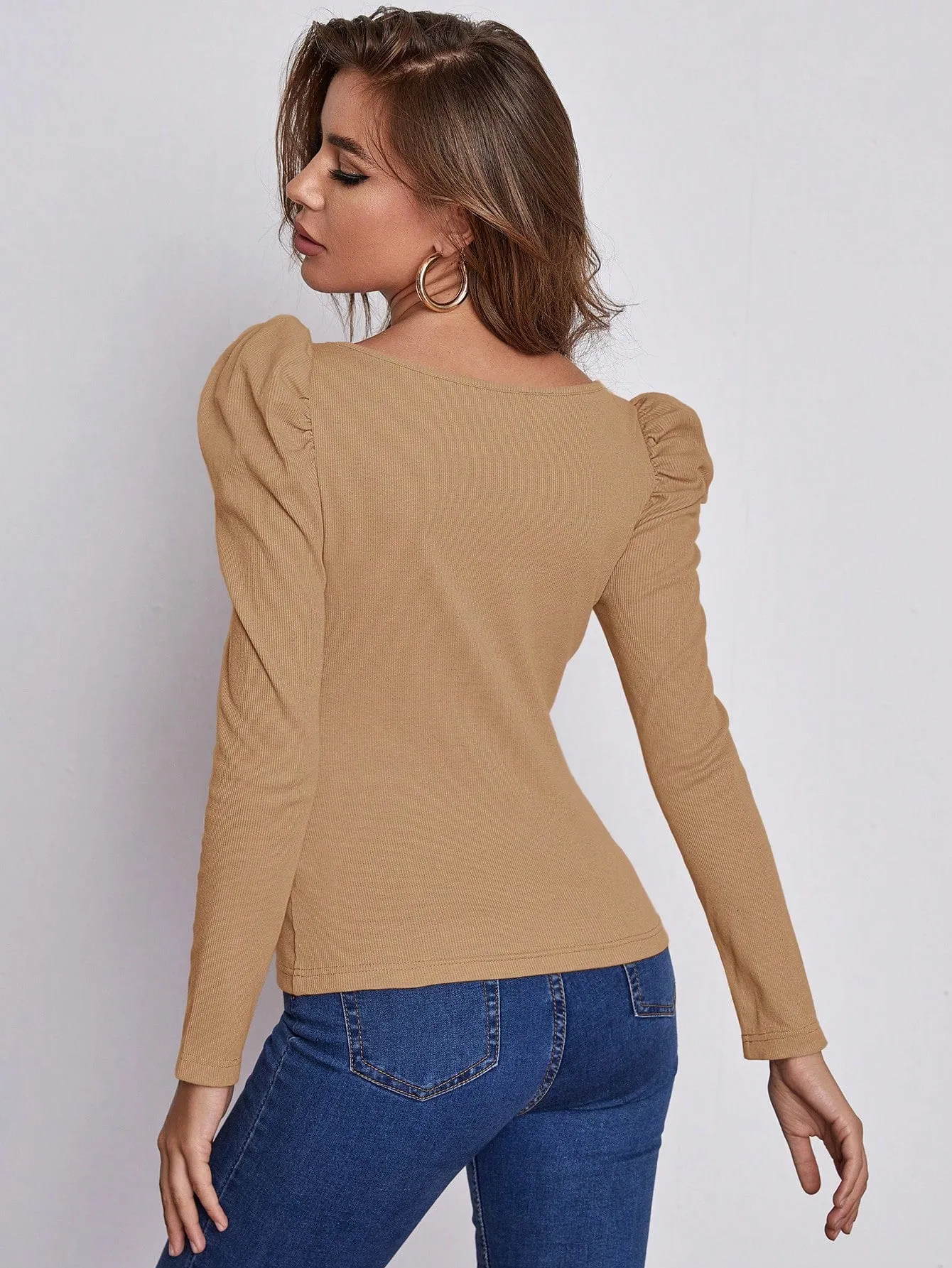 SHEIN Clasi Square Neckline Pleated Sleeve T-shirt