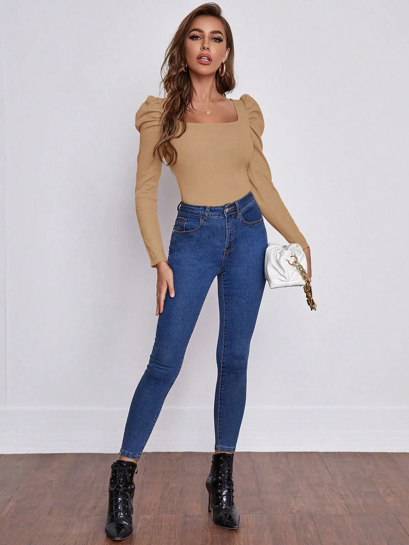 SHEIN Clasi Square Neckline Pleated Sleeve T-shirt