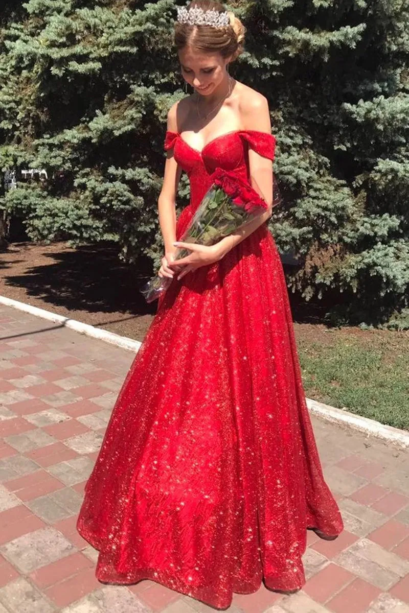 Shiny Off Shoulder Red Long Prom, Off the Shoulder Red Formal, Sparkly Red Evening