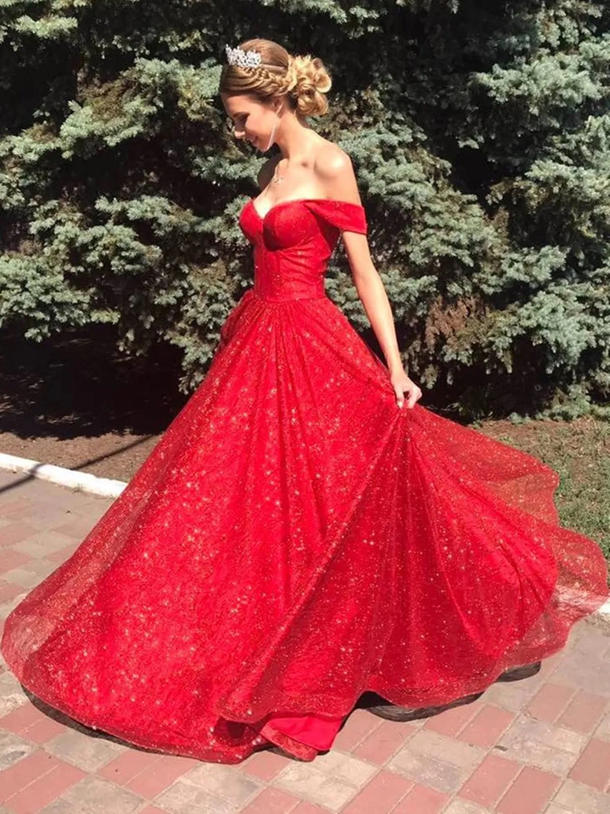 Shiny Off Shoulder Red Long Prom, Off the Shoulder Red Formal, Sparkly Red Evening