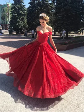 Shiny Off Shoulder Red Long Prom, Off the Shoulder Red Formal, Sparkly Red Evening