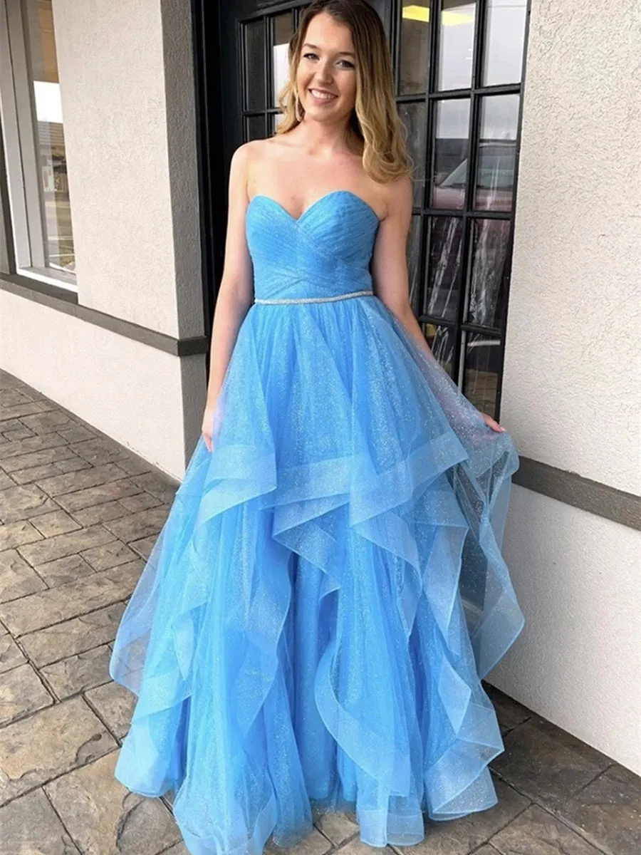 Shiny Sequins Strapless Sweetheart Neck Light Blue Long Prom, Light Blue Formal, Sparkly Evening