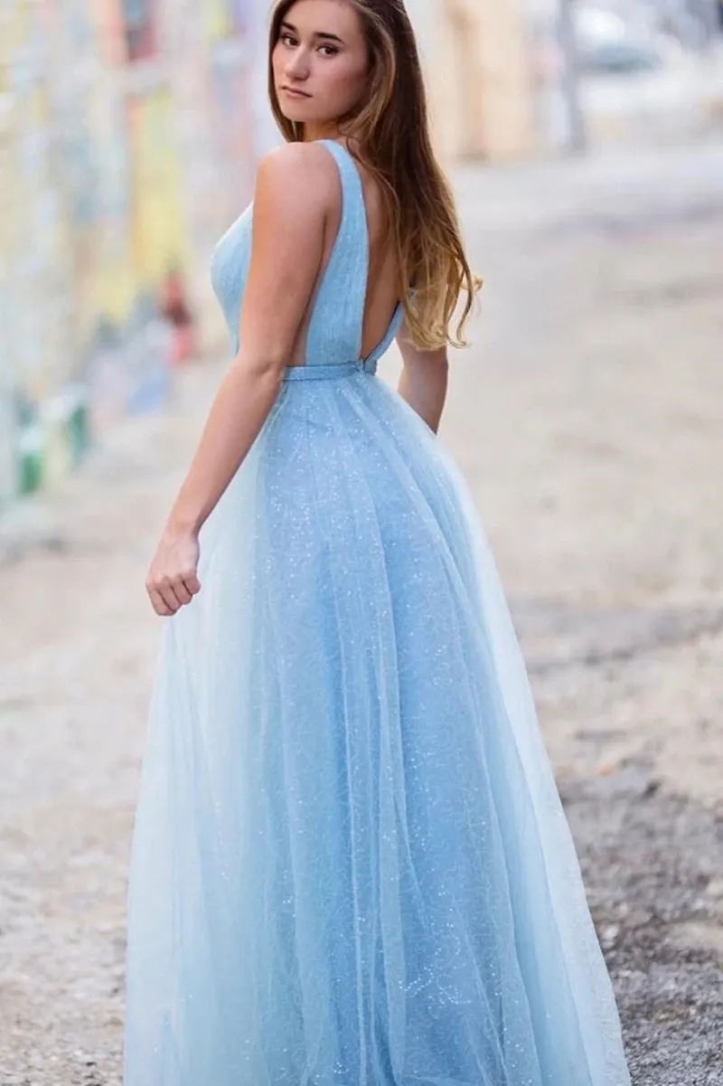 Shiny V Neck Open Back Sequins Light Blue Long Prom, Open Back Light Blue Formal, Sparkly Light Blue Evening