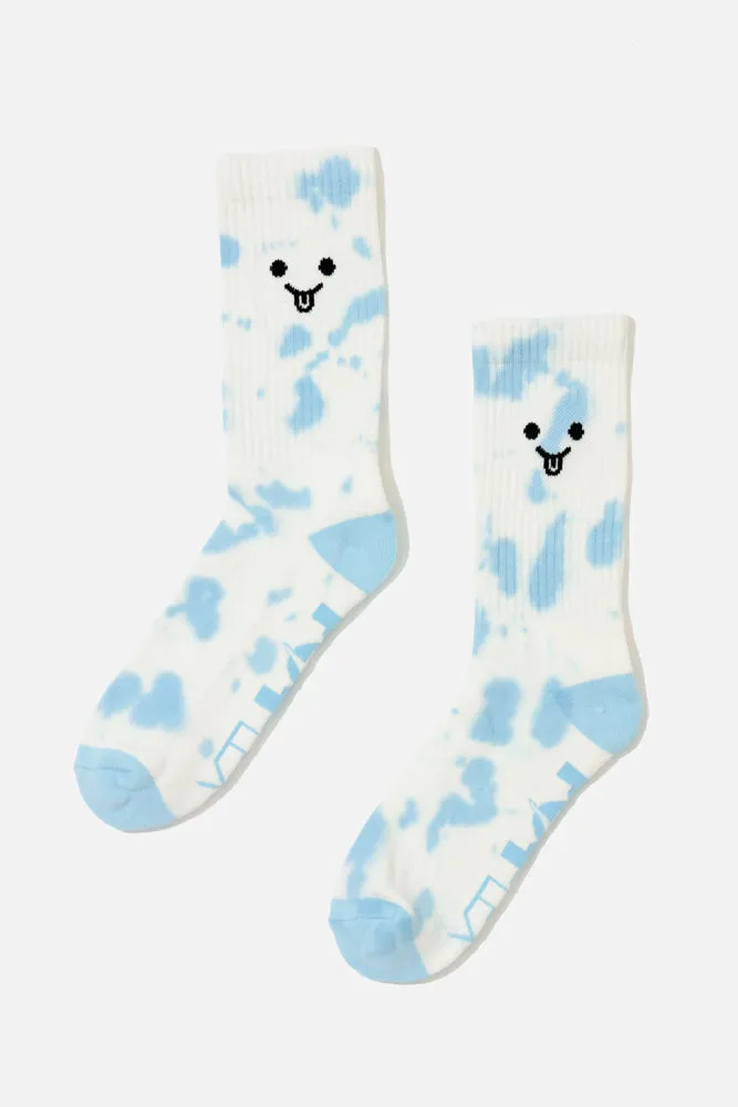 Silly Face Mid-Calf Gym Socks - Blue Tie Dye