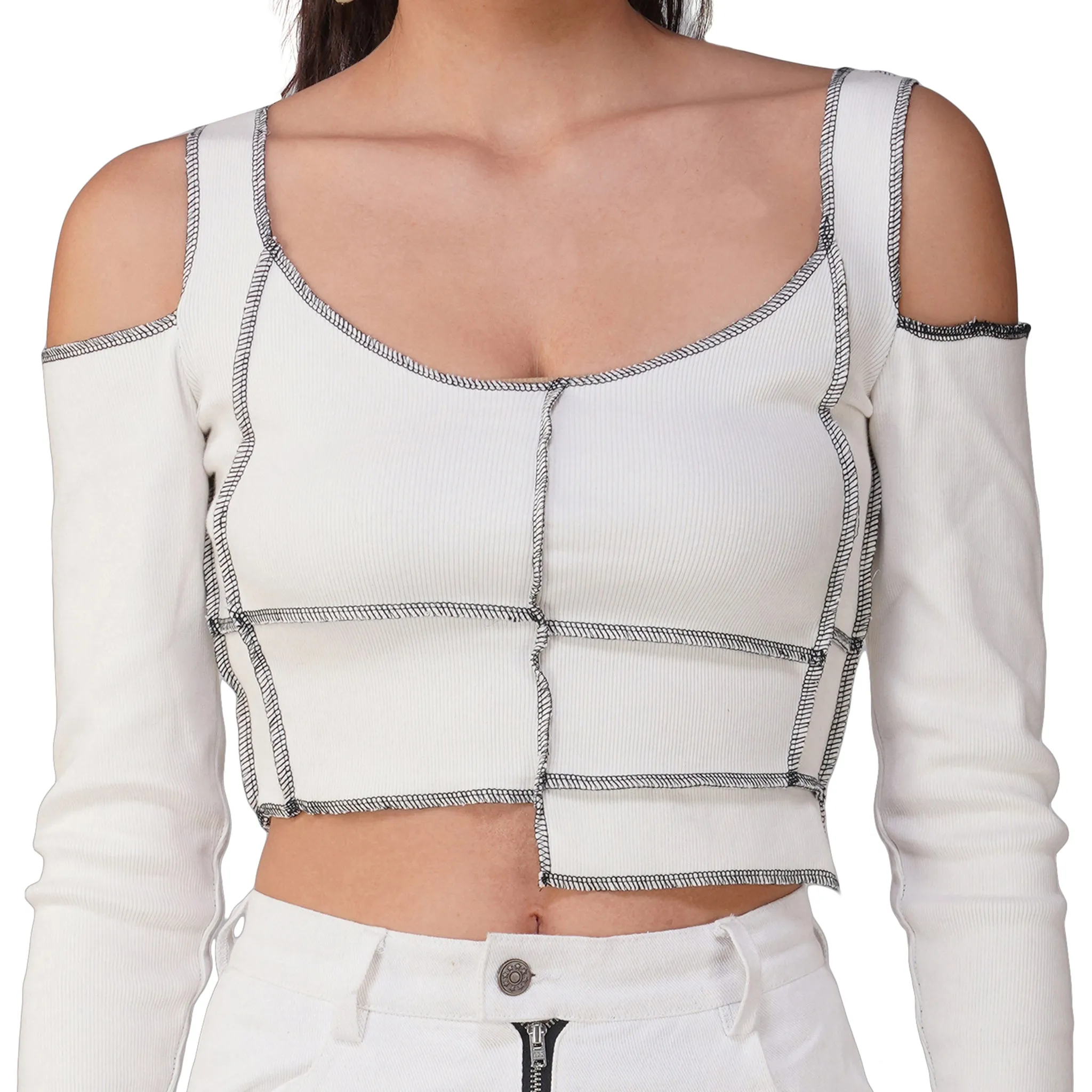 SLAY. Women's Contrast Stitch White Cold Shoulder Rib Full Sleeves Top & Jeans Co-ord Set