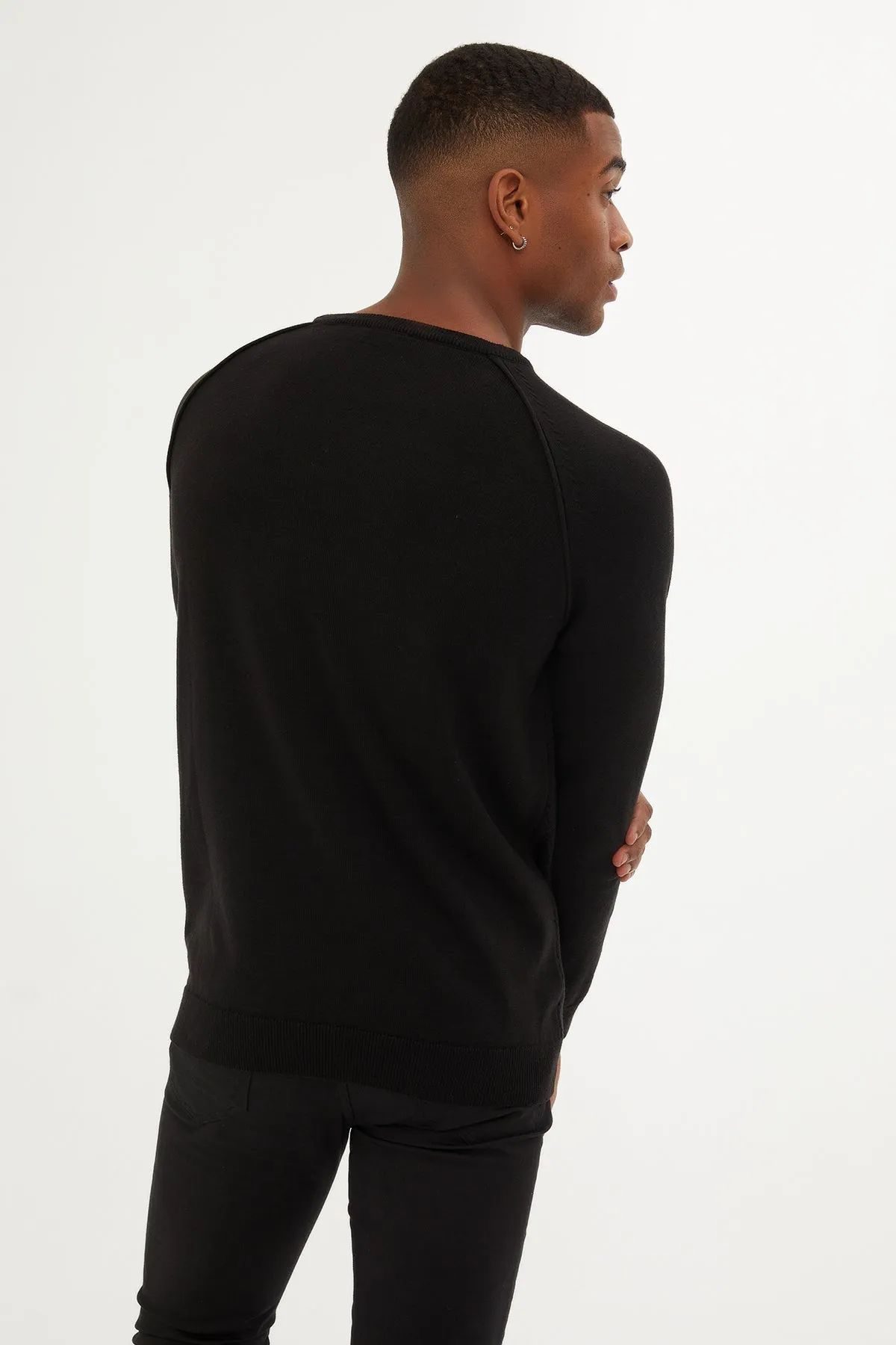 Slim Fit Black Waffle-Grid Cotton Blend Crewneck Sweater