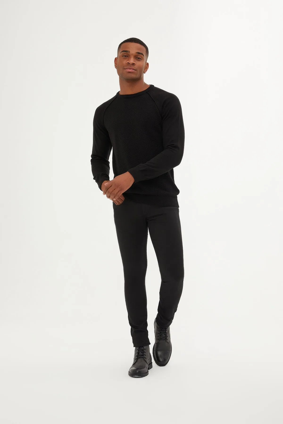 Slim Fit Black Waffle-Grid Cotton Blend Crewneck Sweater