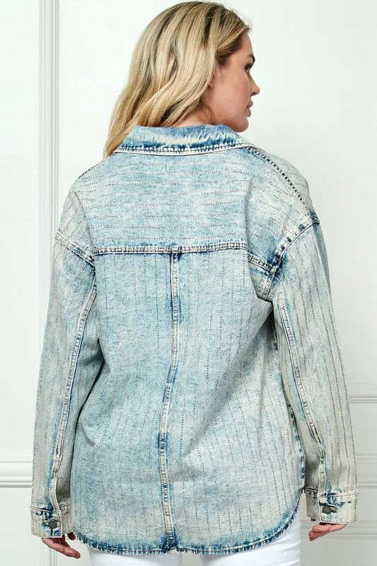 Snow Med Wash Stripe RhineStone Extra Long Sleeve Denim Shacket