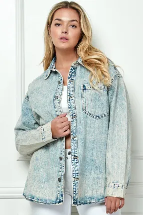 Snow Med Wash Stripe RhineStone Extra Long Sleeve Denim Shacket