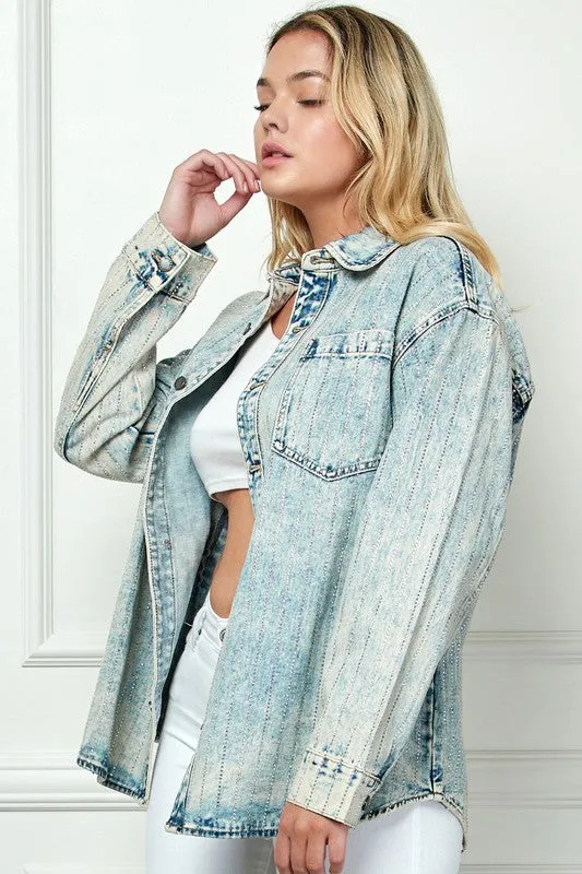 Snow Med Wash Stripe RhineStone Extra Long Sleeve Denim Shacket