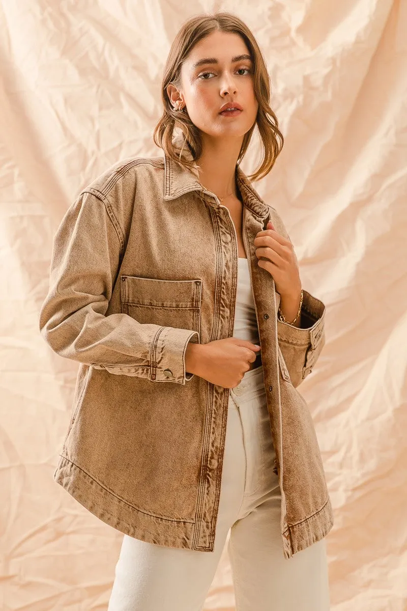 So Me Vintage Washed Denim Shacket in Vintage Taupe