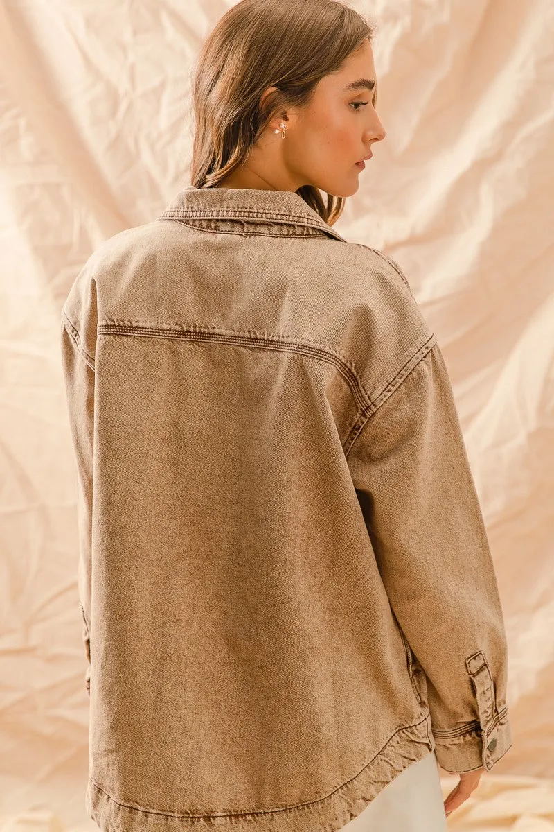 So Me Vintage Washed Denim Shacket in Vintage Taupe