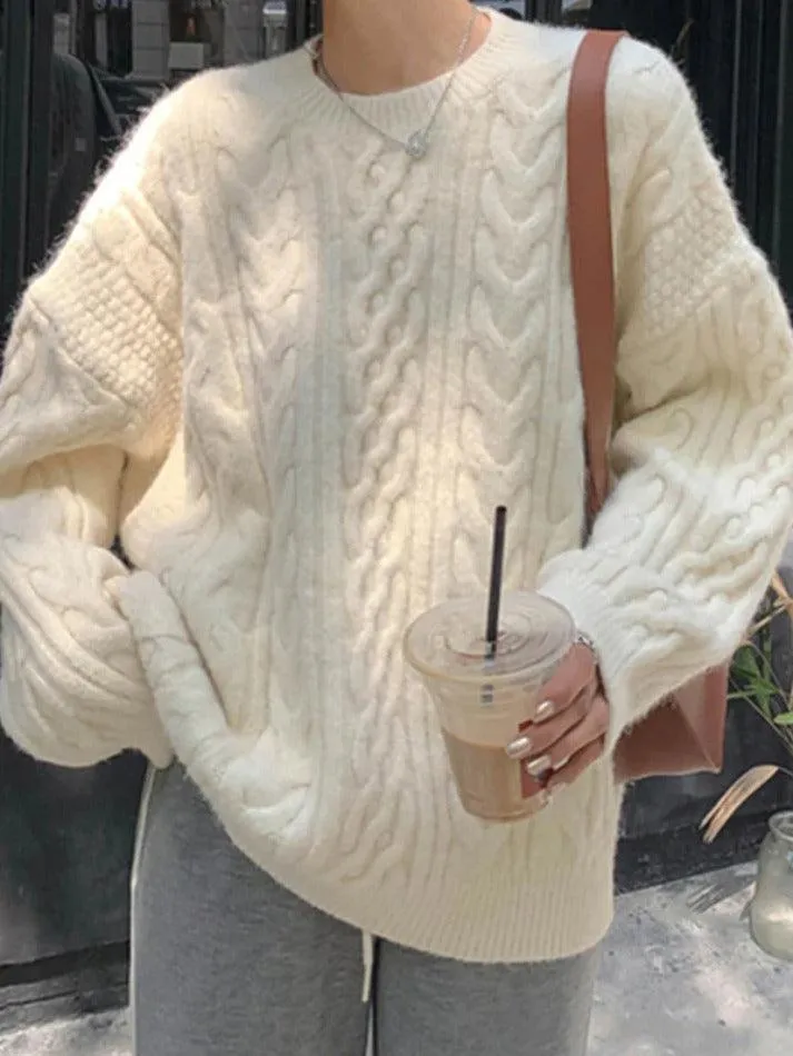 Solid Cable Knit Pullover Sweater