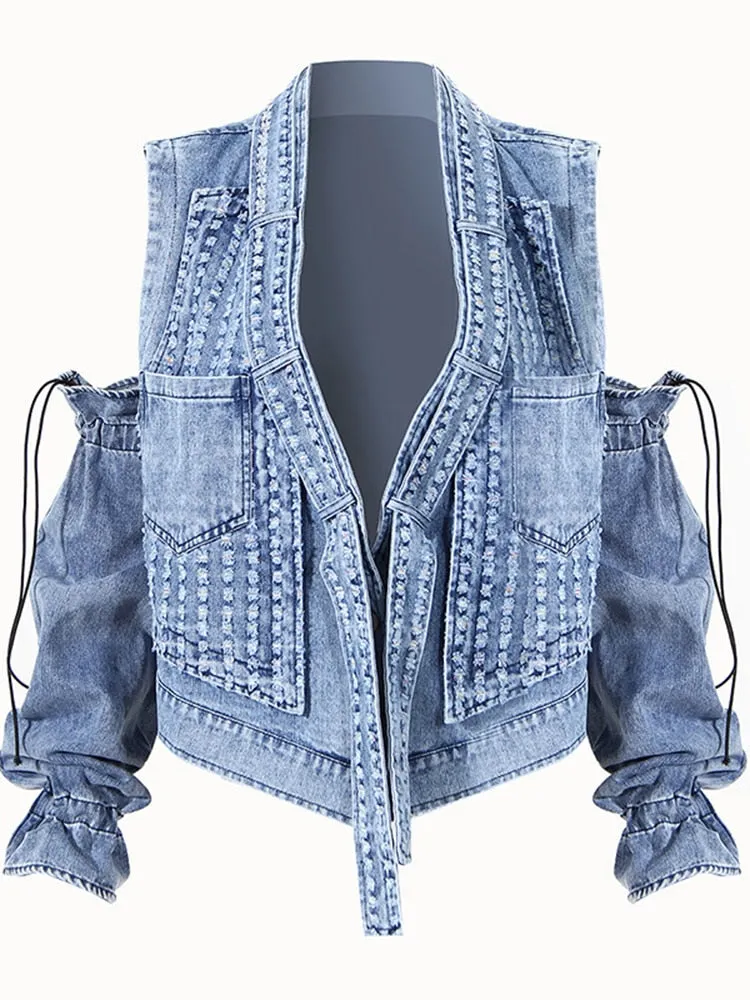 Solid Casual Denim Jackets For Women V Neck Long Sleeve Off Shoulder Loose Chic Jacket Female Fashion Clothing