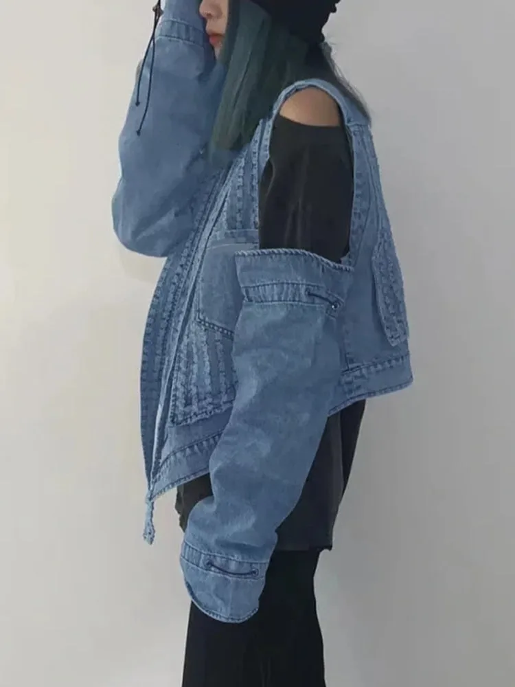 Solid Casual Denim Jackets For Women V Neck Long Sleeve Off Shoulder Loose Chic Jacket Female Fashion Clothing