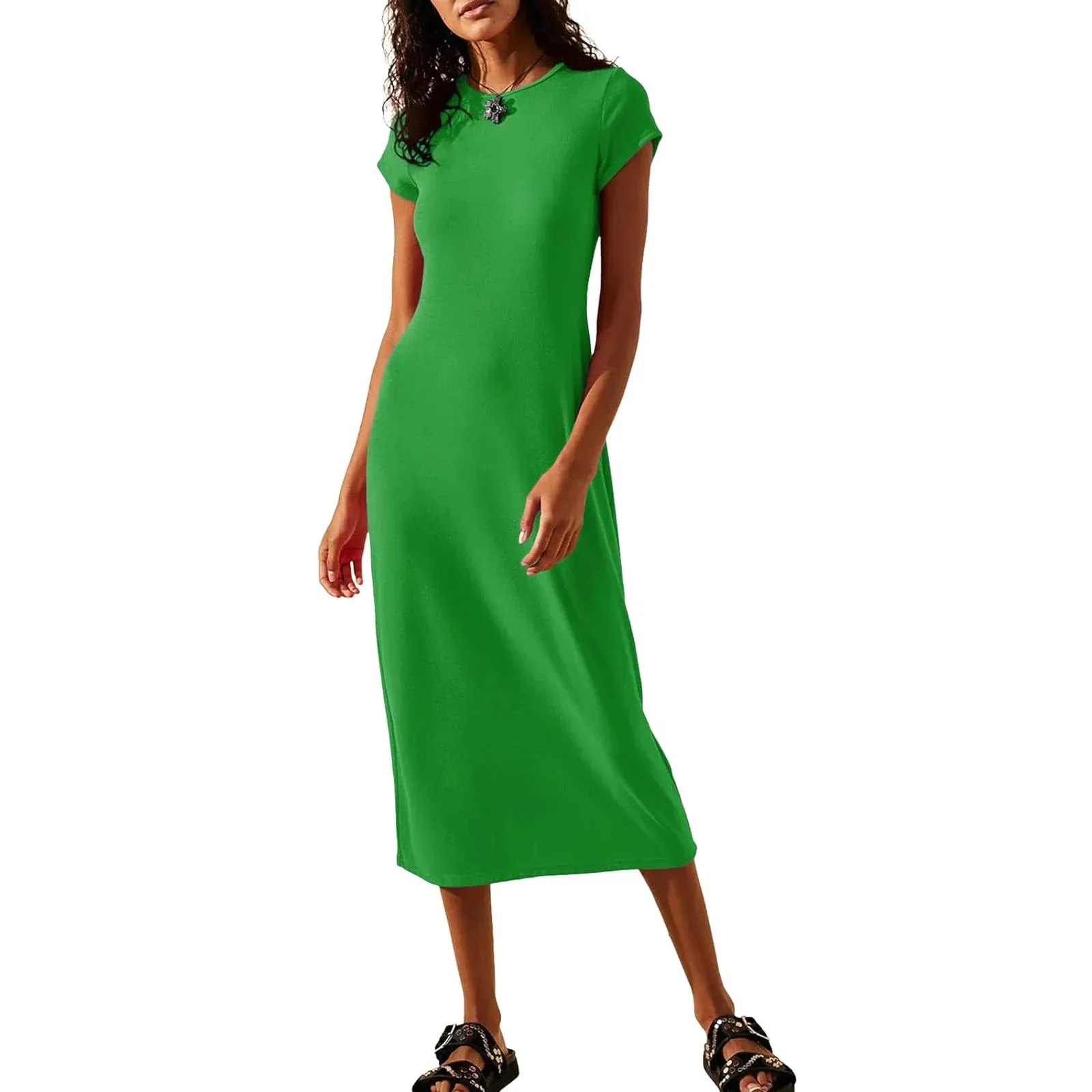 Solid Color O Neck Short Sleeve Bodycon Slim Long Summer Casual Dress