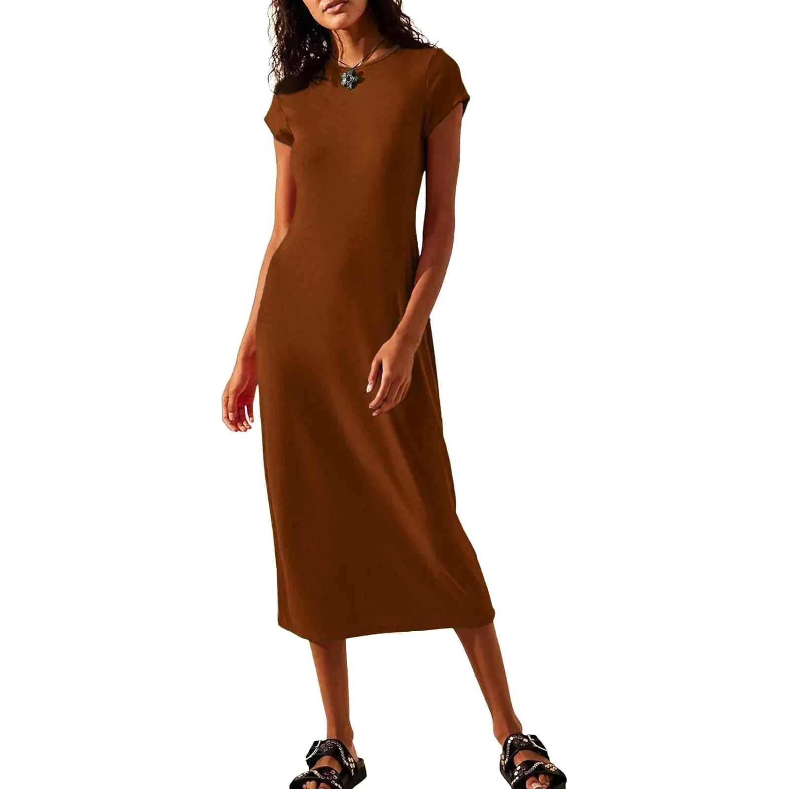 Solid Color O Neck Short Sleeve Bodycon Slim Long Summer Casual Dress