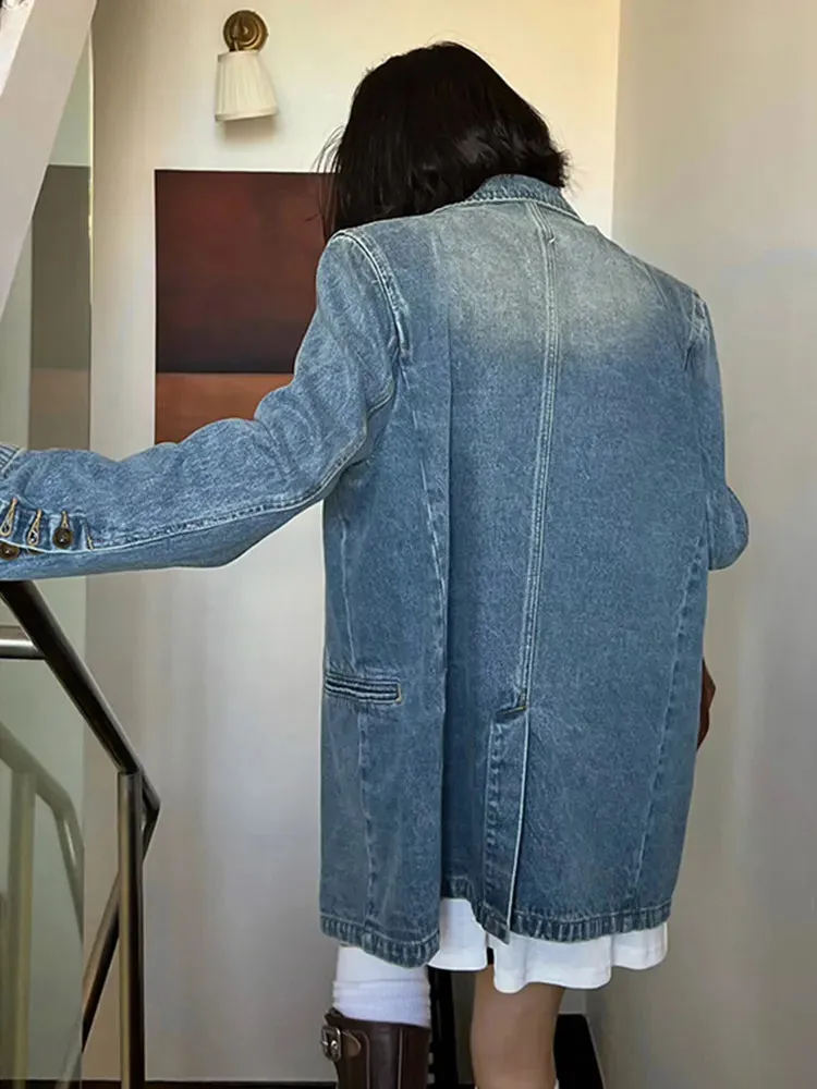 Solid Loose Vintage Denim Blazers For Women Notched Collar Long Sleeve Patchwork Button Streetwear Blazer Female