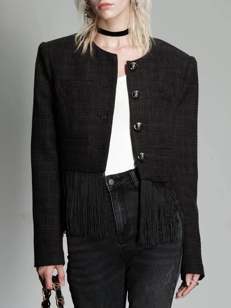 Solid Temperament Spliced Tassel Jackets For Women Round Neck Long Sleeve Patchwork Single Breasted Jacket Female