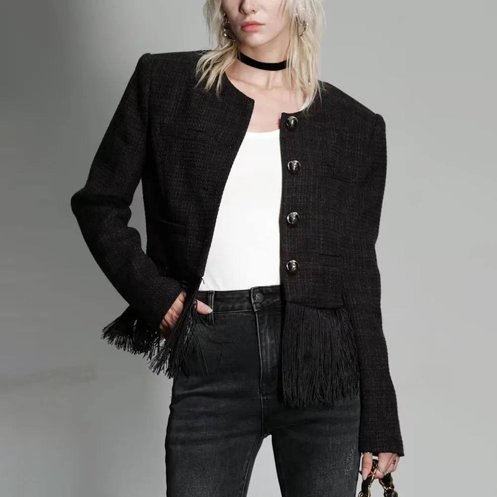 Solid Temperament Spliced Tassel Jackets For Women Round Neck Long Sleeve Patchwork Single Breasted Jacket Female