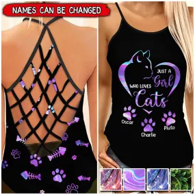 Sparkling Cat Mom, Just A Girl Who Loves Cats Personalized Woman Cross Tank Top