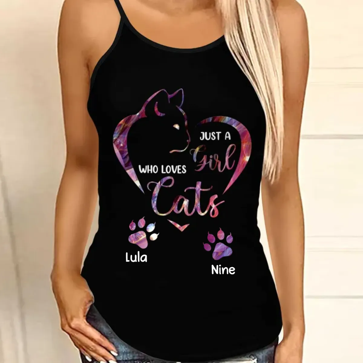 Sparkling Cat Mom, Just A Girl Who Loves Cats Personalized Woman Cross Tank Top